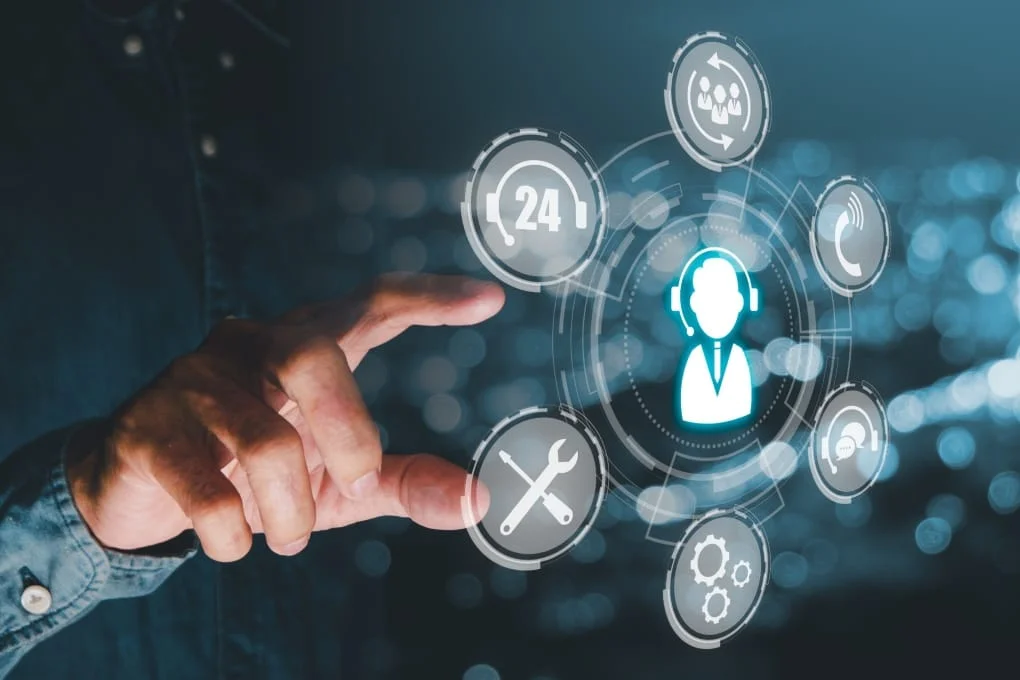 Technical support customer service concept, Person hand touching VR screen support customer icon, Technology internet concept, it support, call center and customer service help.