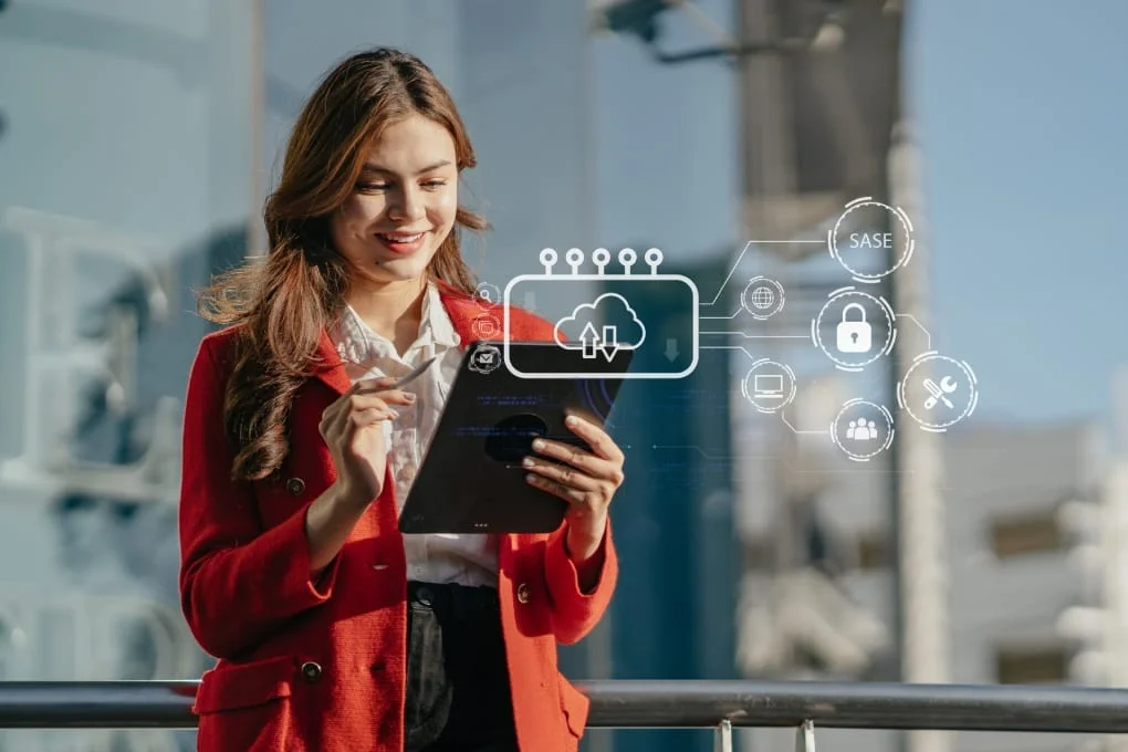 Hand touching Secure Access Service Edge icon on smartphone virtual screen background, password, network, framework and support technology in office. SASE secure access service edge concept.