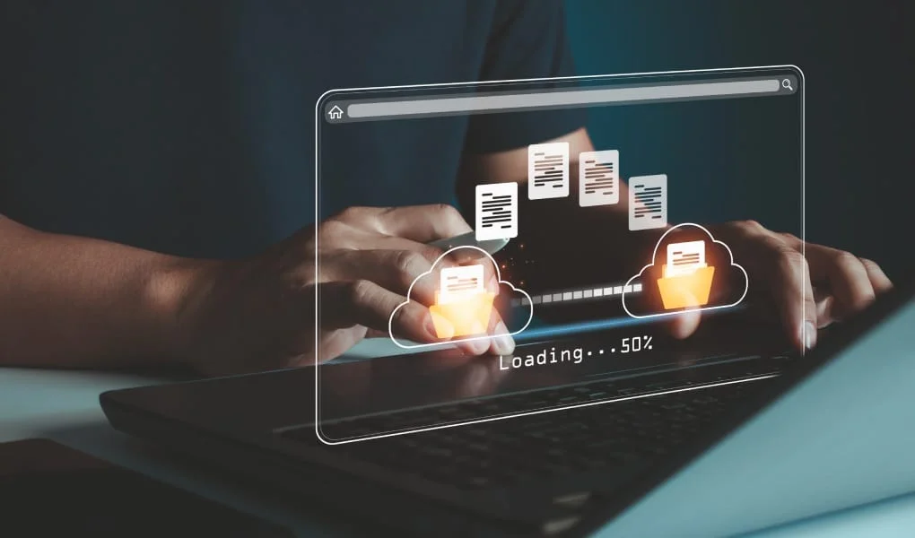 Cloud technology internet concept. Download data exchange. Transfer business folder data system relocation. Man use computer laptop waiting transfer file migration process, loading bar icon on screen.